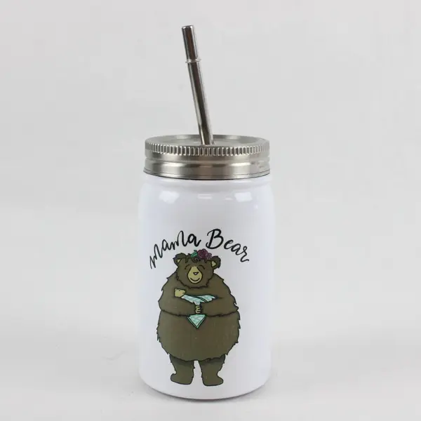 Mama Bear Stainless Steel Tumbler Cup w/ Screw On Lid & Metal Straw