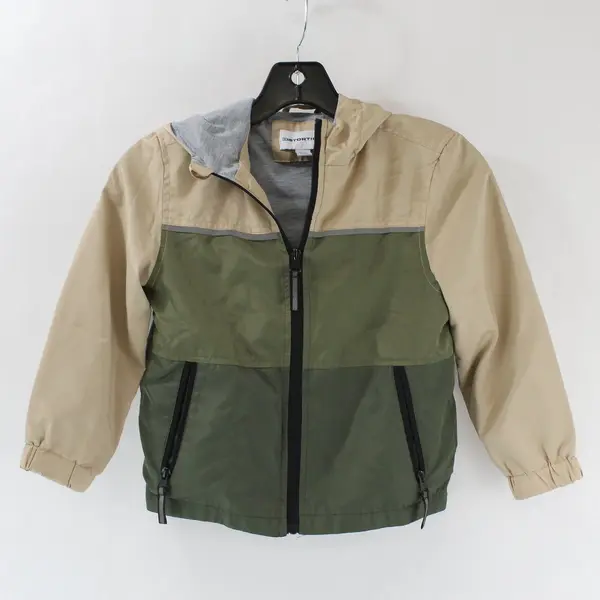 Distortion Windbreaker Jacket Kids S(4) Green & Tan Colorblock Hooded 