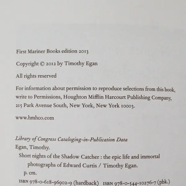 Short Nights of the Shadow Catcher Timothy Egan 2013 Mariner Books