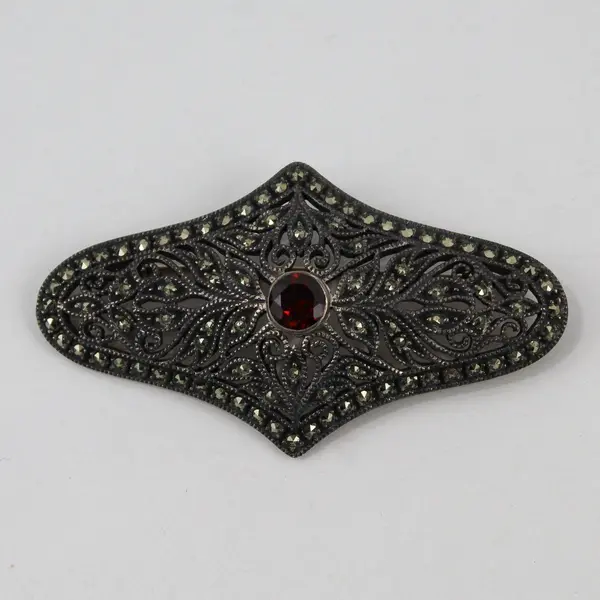 Antique Garnet and Marcasite Sterling Silver Brooch
