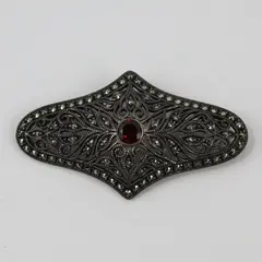 Antique Garnet and Marcasite Sterling Silver Brooch