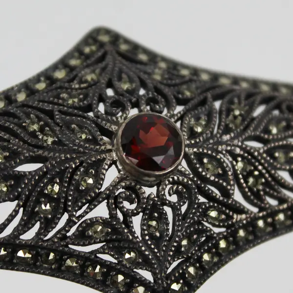 Antique Garnet and Marcasite Sterling Silver Brooch