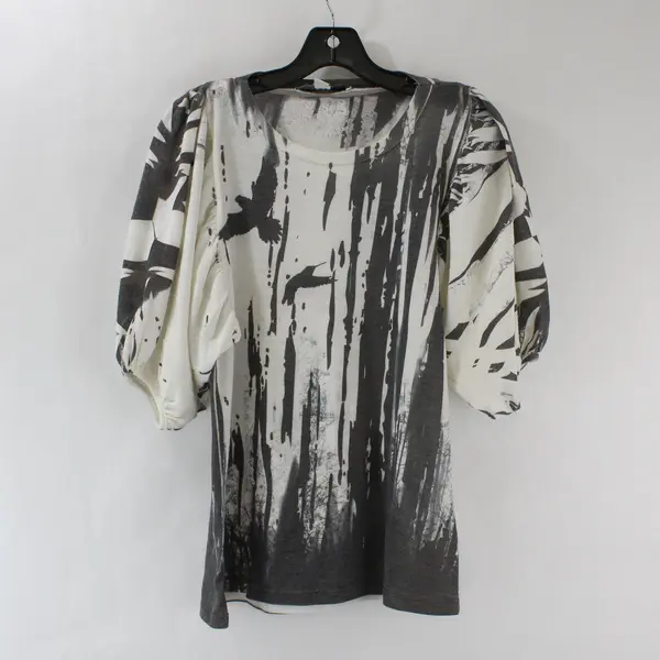Forever 21 XXI Women's M Blouse White Gray Forest Print Elastic Puff Sleeves