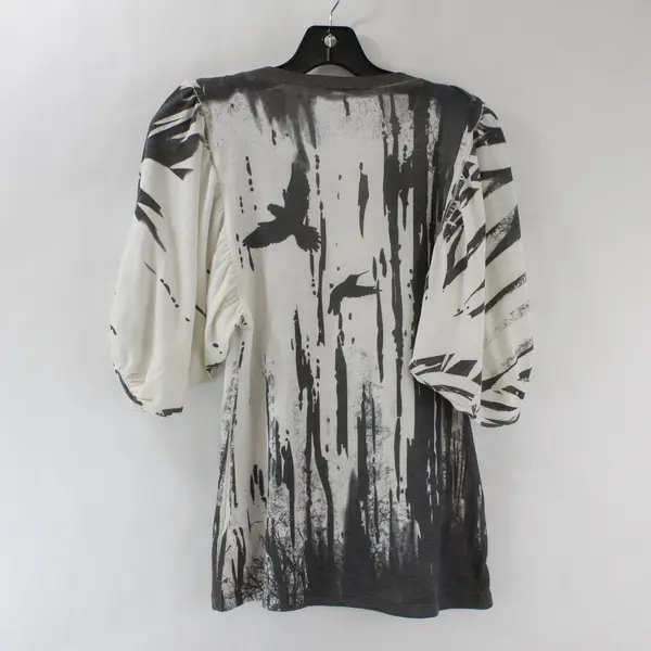 Forever 21 XXI Women's M Blouse White Gray Forest Print Elastic Puff Sleeves