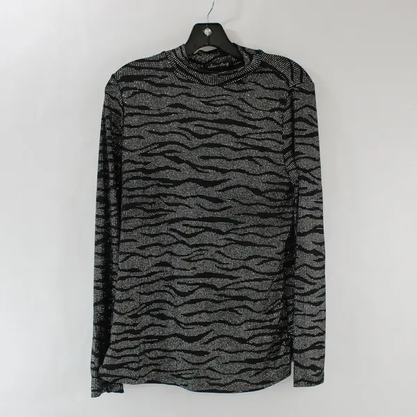 A...Love Story Women's Large Zebra Stripe Top Black Mock Neck Long Sleeve