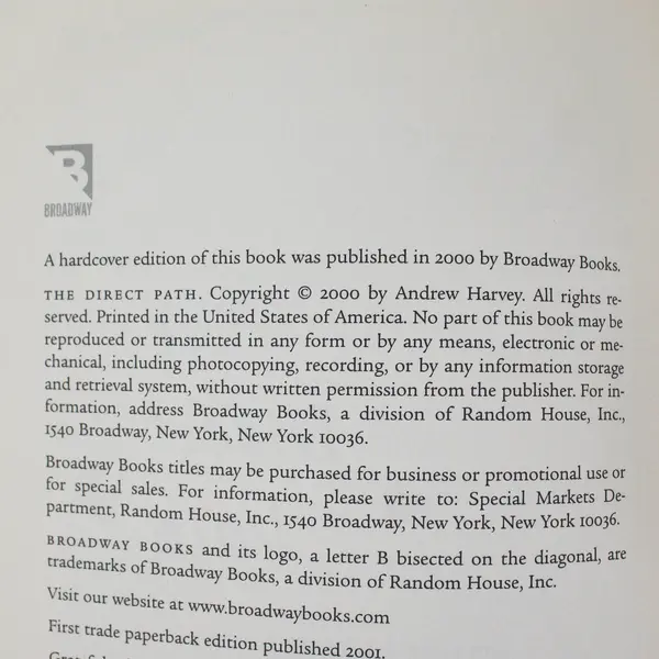 Andrew Harvey The Direct Path: Personal Journey to Divine 2001 Paperback