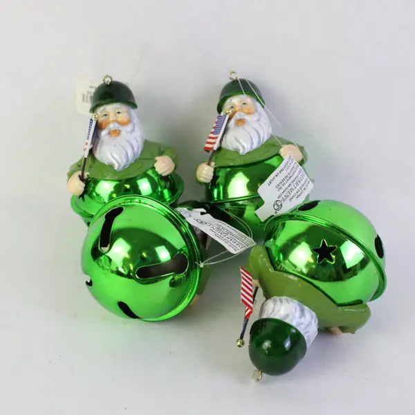 Department 56 Set of 4 Green Christmas Military Santa Bell Ornaments New