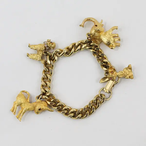 Vintage Gold-Tone Animal Charm Bracelet 7.5in Elephant Poodle Rabbit Deer