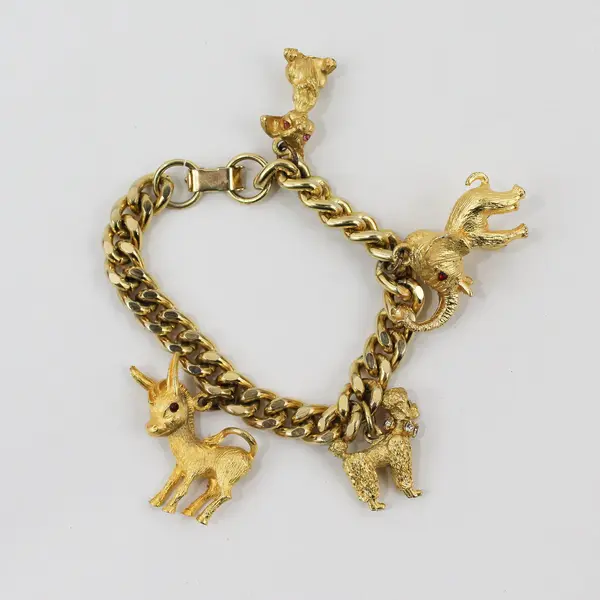 Vintage Gold-Tone Animal Charm Bracelet 7.5in Elephant Poodle Rabbit Deer