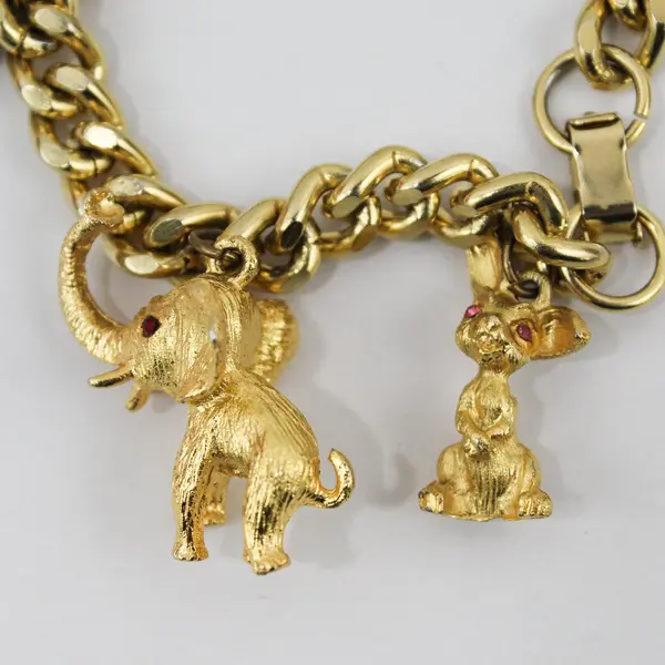 Vintage Gold-Tone Animal Charm Bracelet 7.5in Elephant Poodle Rabbit Deer