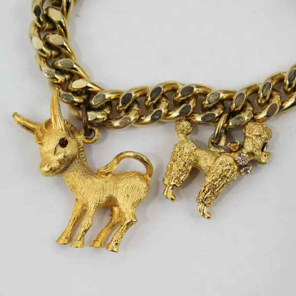 Vintage Gold-Tone Animal Charm Bracelet 7.5in Elephant Poodle Rabbit Deer