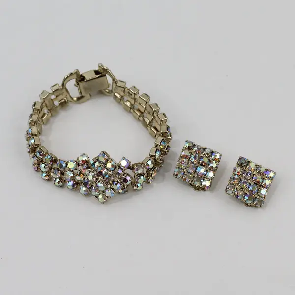VTG 3-Piece Aurora Borealis Iridescent Rhinestone Earrings and Bracelet Set