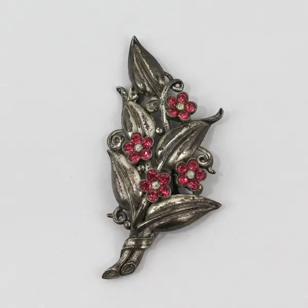 Vintage Trifari Pink Rhinestone Flowers Silver-Tone Brooch