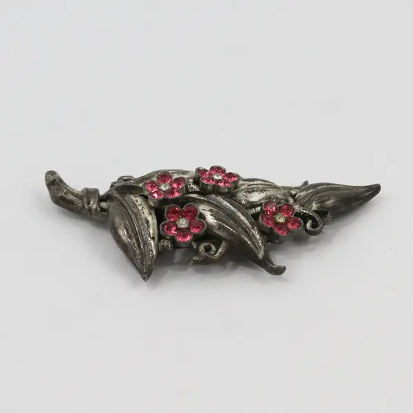 Vintage Trifari Pink Rhinestone Flowers Silver-Tone Brooch