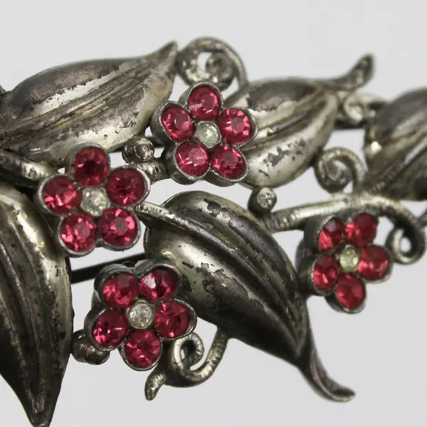 Vintage Trifari Pink Rhinestone Flowers Silver-Tone Brooch