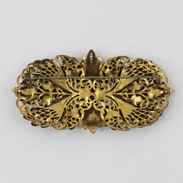 Large Antique Metal Floral Filigree Brooch 3-3/4"