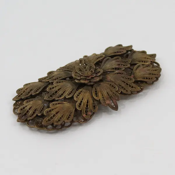 Large Antique Metal Floral Filigree Brooch 3-3/4"