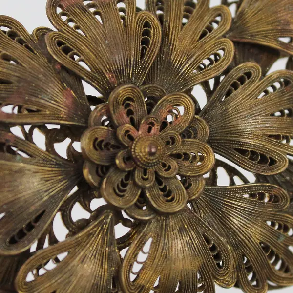 Large Antique Metal Floral Filigree Brooch 3-3/4"