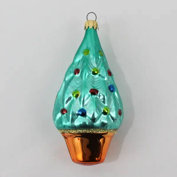 Vintage Columbia Green Hand Blown Glass Christmas Tree Ornament Copper Base