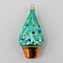 Vintage Columbia Green Hand Blown Glass Christmas Tree Ornament Copper Base