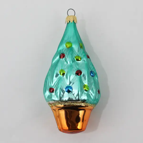 Vintage Columbia Green Hand Blown Glass Christmas Tree Ornament Copper Base
