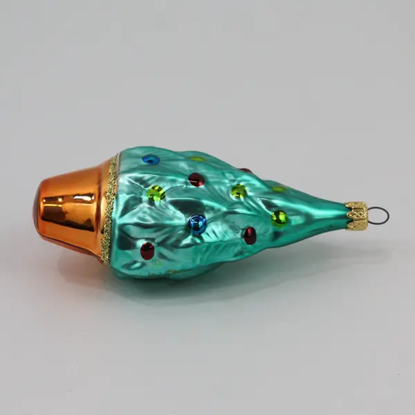 Vintage Columbia Green Hand Blown Glass Christmas Tree Ornament Copper Base