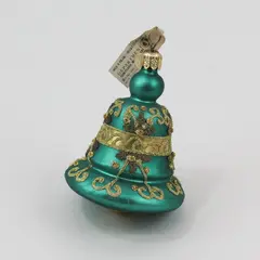Dept 56 Hand-Blown Glass Green & Gold Christmas Bell Ornament 3.75" Good