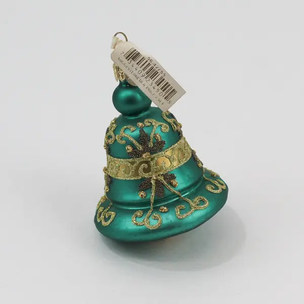 Dept 56 Hand-Blown Glass Green & Gold Christmas Bell Ornament 3.75" Good