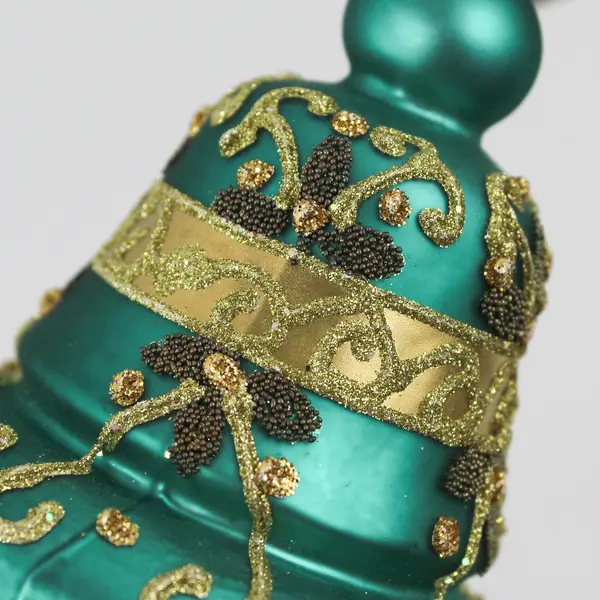 Dept 56 Hand-Blown Glass Green & Gold Christmas Bell Ornament 3.75" Good