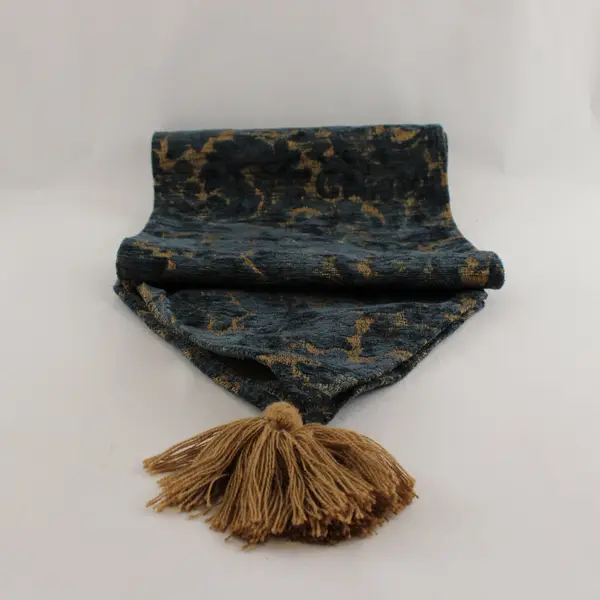 Navy Blue Woven Textured Baroque Floral Gold Raised Table Runner 66in