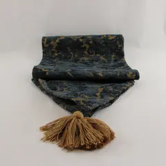 Navy Blue Woven Textured Baroque Floral Gold Raised Table Runner 66in