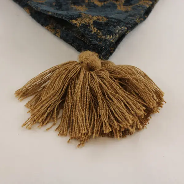 Navy Blue Woven Textured Baroque Floral Gold Raised Table Runner 66in