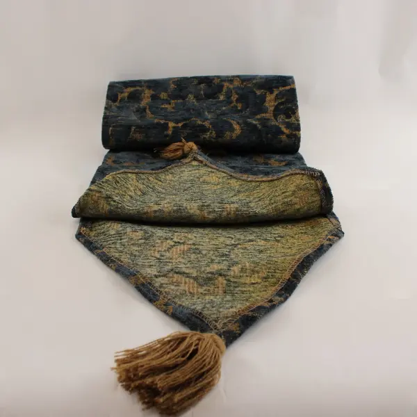 Navy Blue Woven Textured Baroque Floral Gold Raised Table Runner 66in
