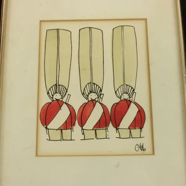 Framed Illustration 3 Stylized Figures Red Uniforms Black Wood Frame