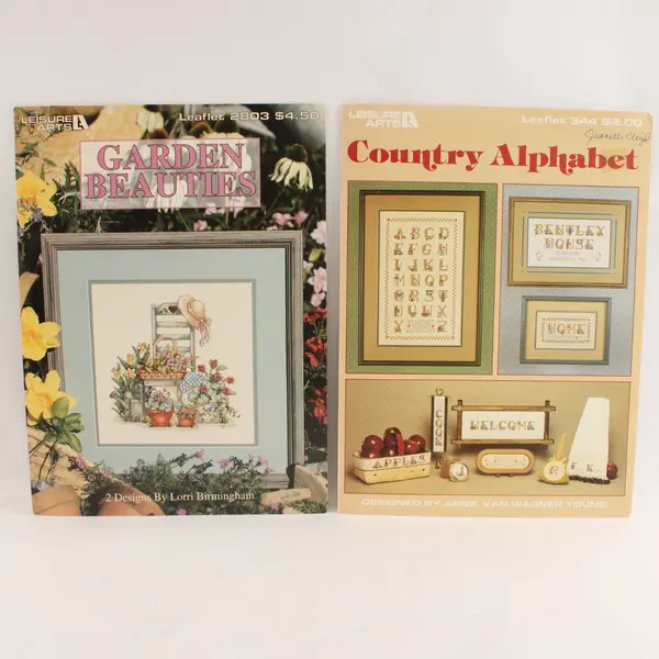Lot 2 Leisure Arts Cross-Stitch Booklets Country Alphabet Garden Beauties
