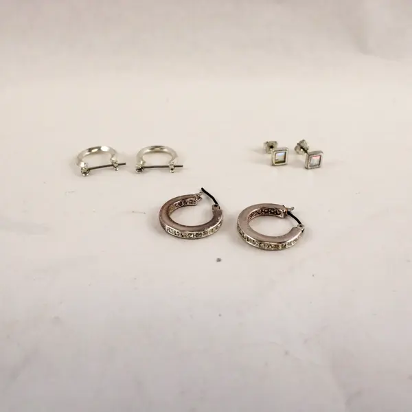 Lot of 3 Pairs Mixed Brand Avon Silver Tone Hoop Stud Clear Stone Earrings