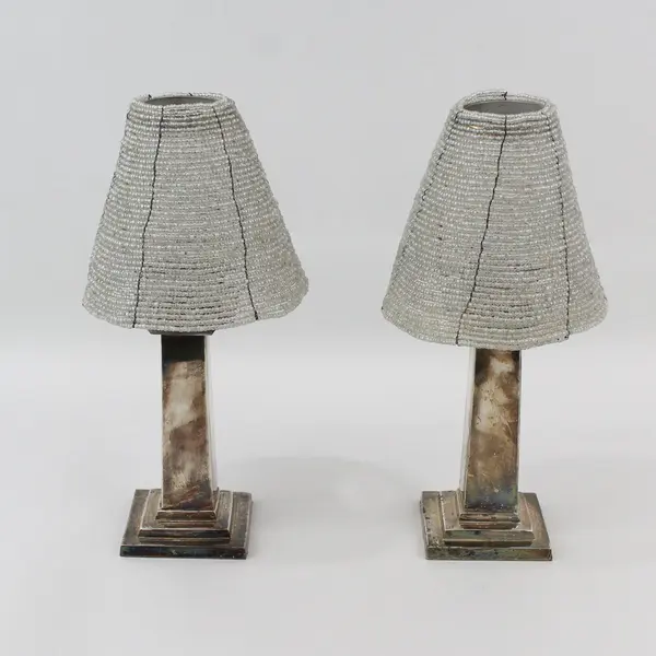 2 Pottery Barn Silver Plate Tealight Candle Lamps With Beaded Shades 11"