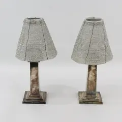 2 Pottery Barn Silver Plate Tealight Candle Lamps With Beaded Shades 11"
