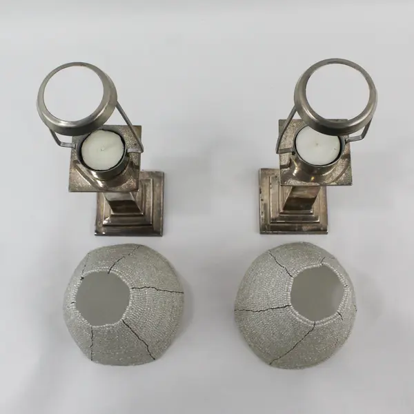 2 Pottery Barn Silver Plate Tealight Candle Lamps With Beaded Shades 11"