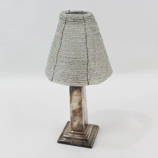2 Pottery Barn Silver Plate Tealight Candle Lamps With Beaded Shades 11"
