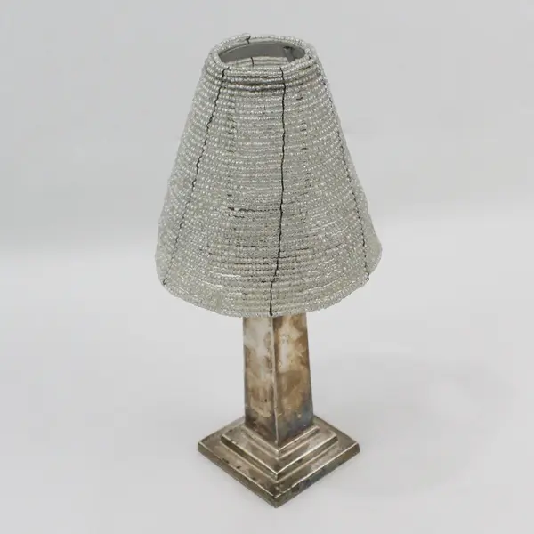 2 Pottery Barn Silver Plate Tealight Candle Lamps With Beaded Shades 11"