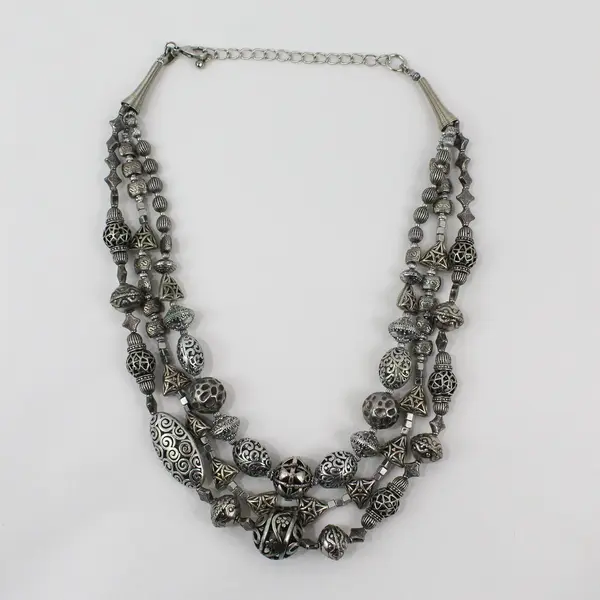  Chico's Multi-Strand Silver-Tone Beaded Boho Necklace 24"