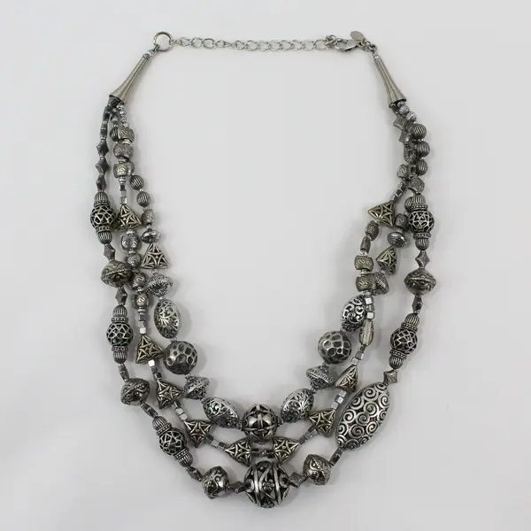  Chico's Multi-Strand Silver-Tone Beaded Boho Necklace 24"