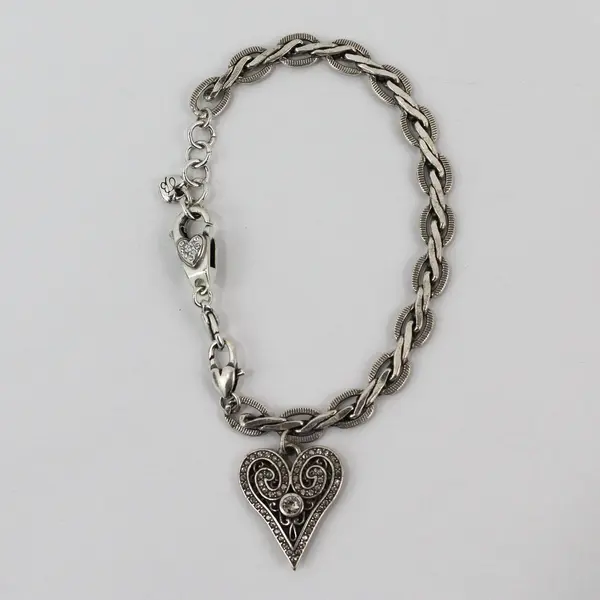 Brighton Clear Rhinestone Heart Charm Silver-Tone Chain Bracelet 9.5"
