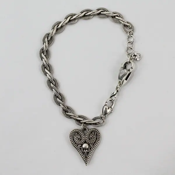 Brighton Clear Rhinestone Heart Charm Silver-Tone Chain Bracelet 9.5"