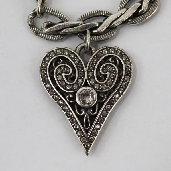 Brighton Clear Rhinestone Heart Charm Silver-Tone Chain Bracelet 9.5"