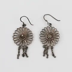 Vintage Silver-Tone Filigree Flower Boho Dangle Earrings