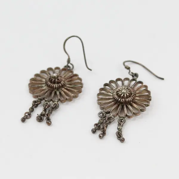 Vintage Silver-Tone Filigree Flower Boho Dangle Earrings