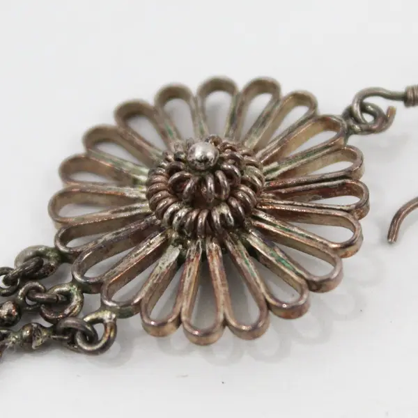 Vintage Silver-Tone Filigree Flower Boho Dangle Earrings