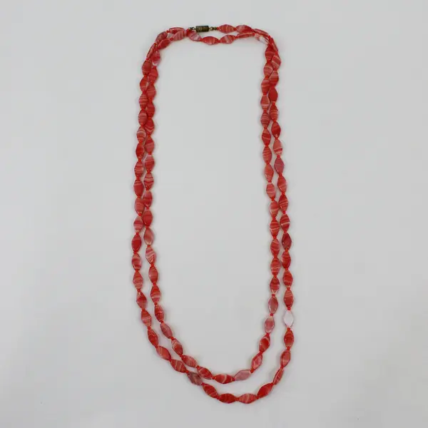 Orange and White Striped Glass Beaded Necklace 54"